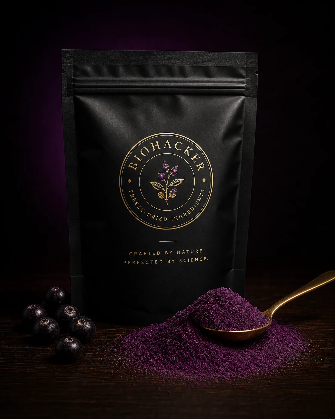 Biohacker packaging of freeze-dried acai powder with golden spoon