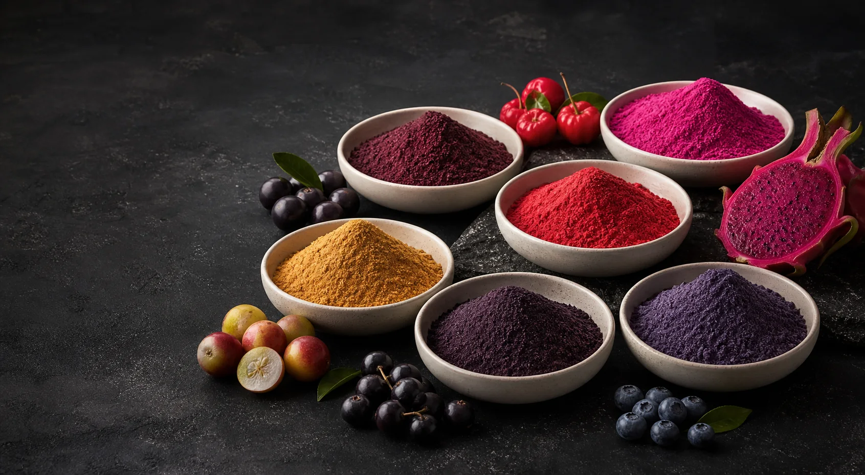 Colorful fruit powders and whole fruits representing Biohacker's functional ingredient sourcing portfolio